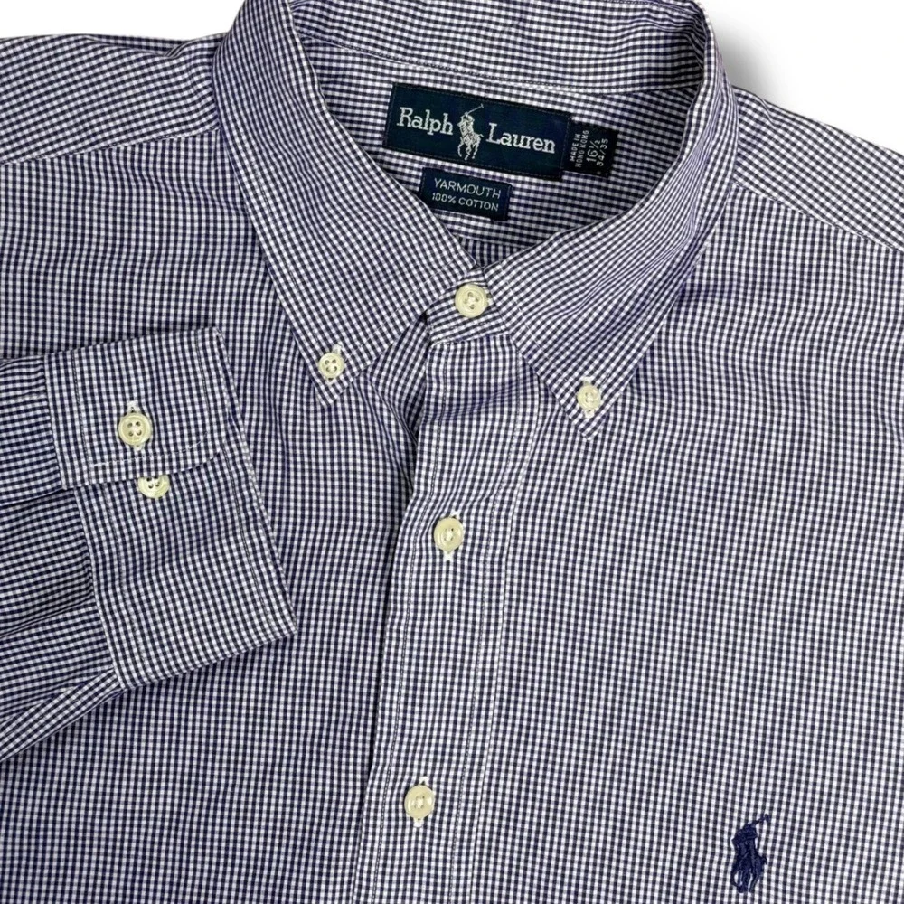 Ralph Lauren Yarmouth‎ Shirt Mens Large 16.5 Blue Purple Micro Check Button Down